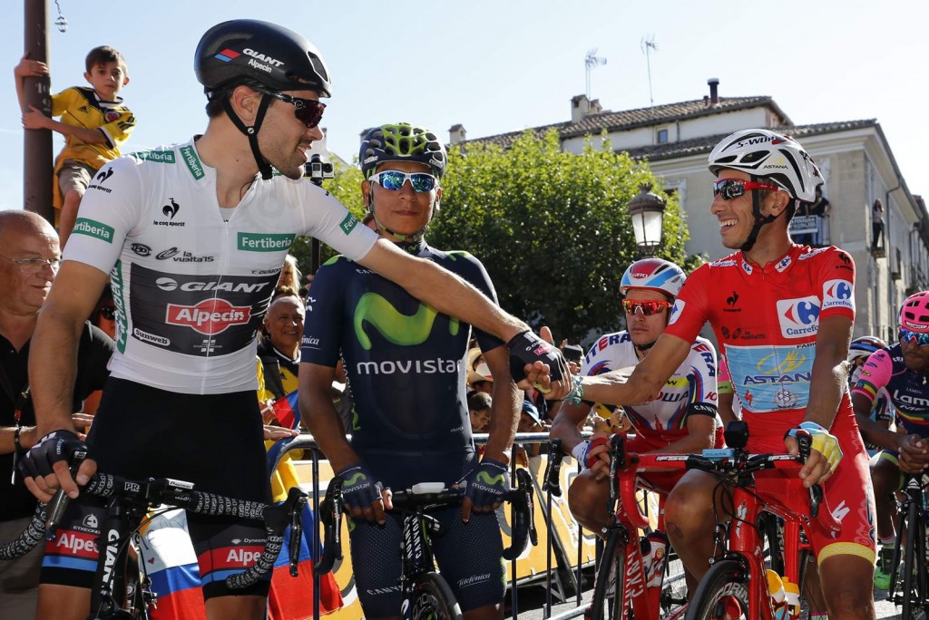 13 September 2015 70th Vuelta a Espana Stage 20 : Alcala de Henares - Madrid DUMOULIN Tom (NED) Giant - Alpecin ARU Fabio (ITA) Astana, Maillot Rojo Photo : Yuzuru SUNADA